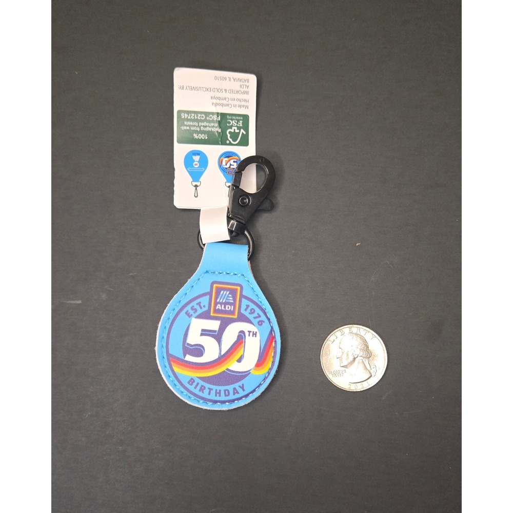 Aldi 50th Birthday Keychain Quarter Holder Blue Anniversary Grocery Cart Coin